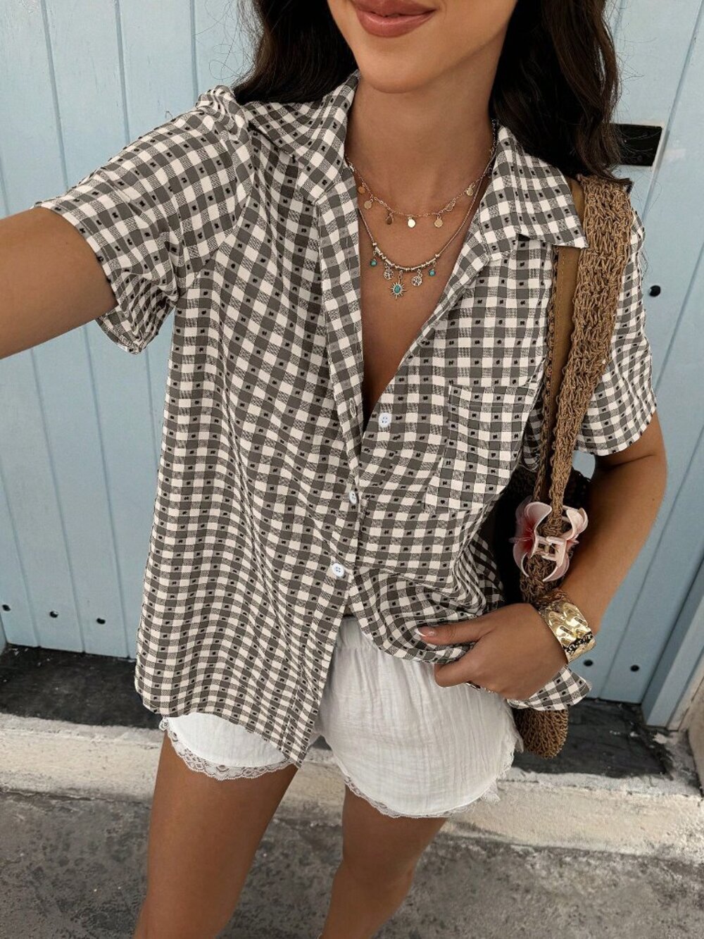 Grey Casual Women's Holiday Style Printed Short Sleeve Blouse
